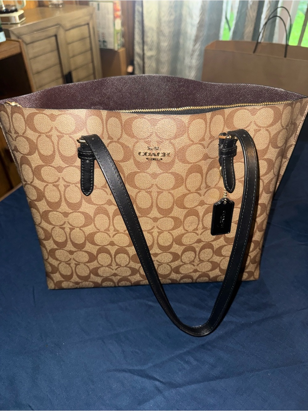 Coach Brown Signature Canvas Tote with Black Leather Straps